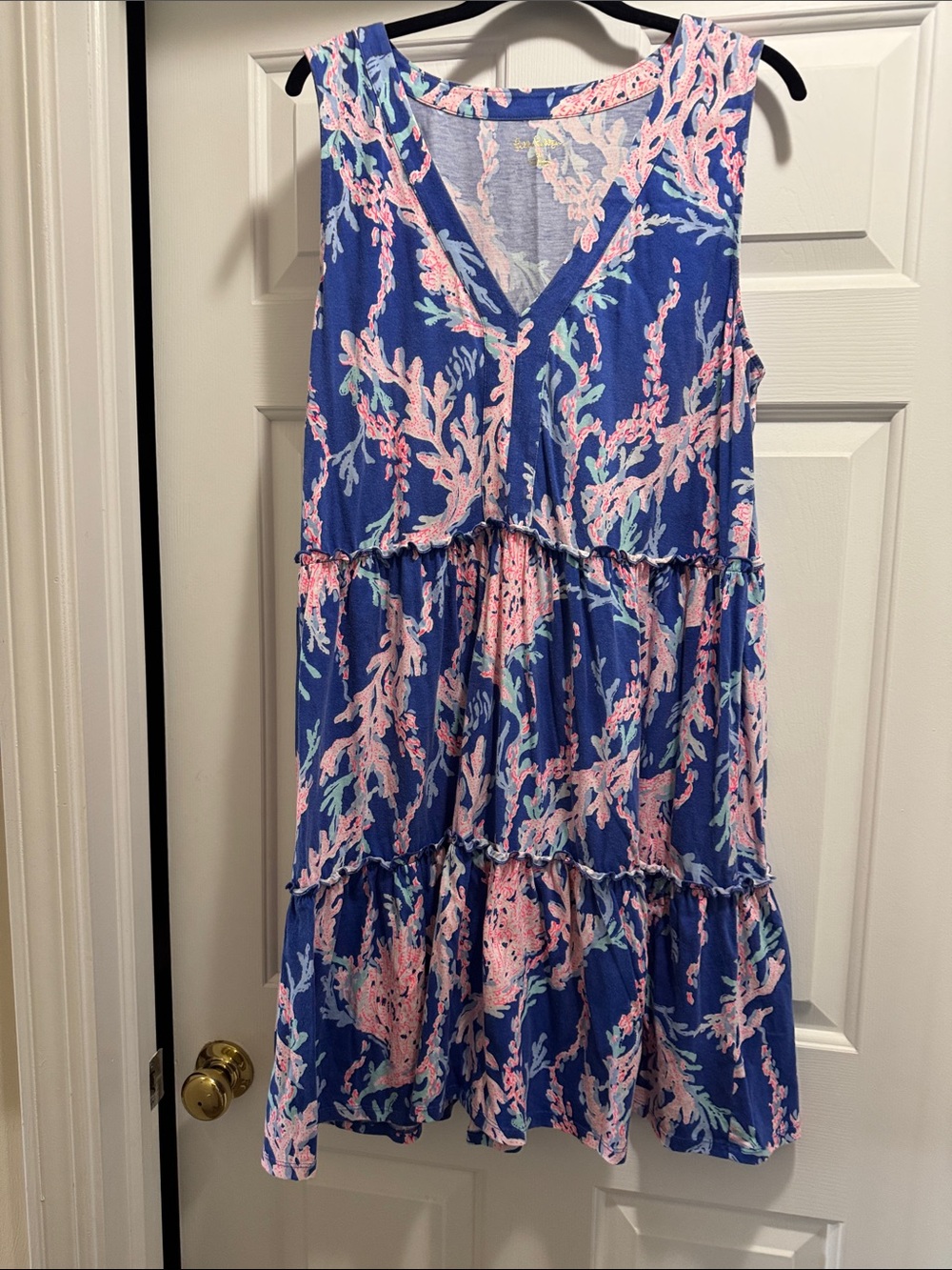 Lilly Pulitzer Blue Sleeveless V-Neck Tiered Coral Print Dress